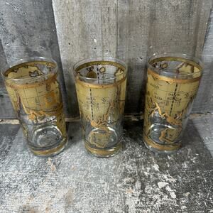 Set of 3 Cera Glassware 22K Gold Old World Map Highball Glasses MidCentury MCM